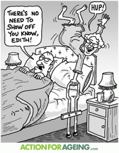 Action for Ageing - Cartoon - elderly woman leaping out of bed